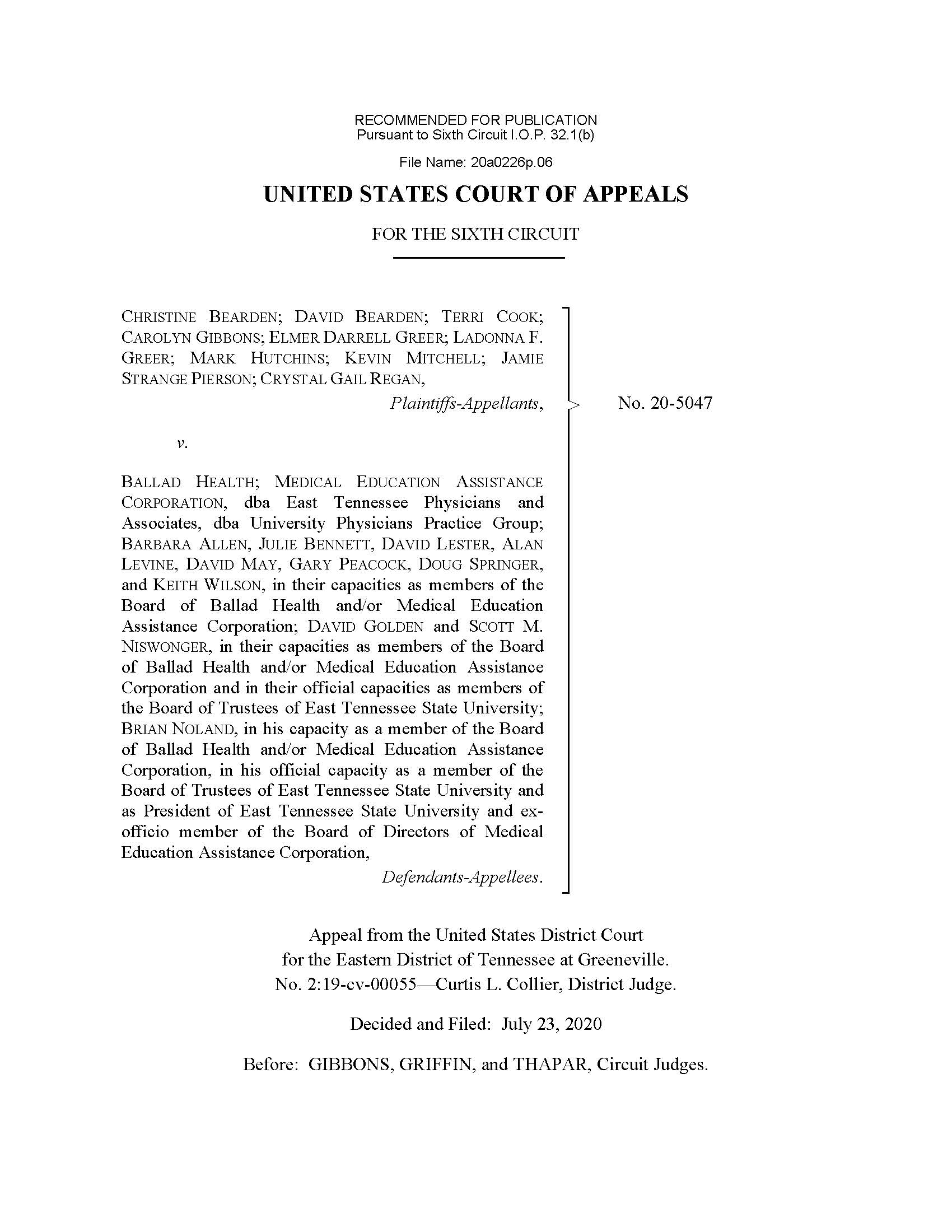 Page 1 of linked case (Bearden v. Ballad Health)