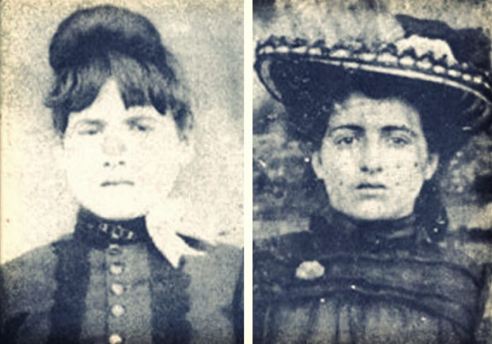 faded black-and-white photos of unsmiling 19th-century women