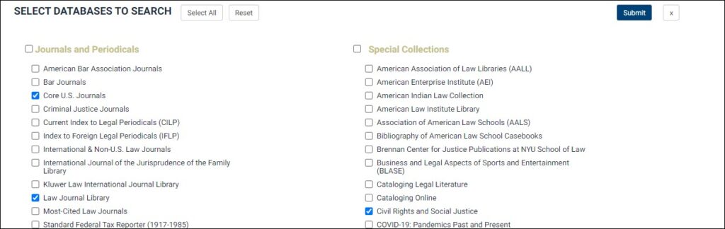 The list of HeinOnline databases with check boxes to enable pre-search filtering.