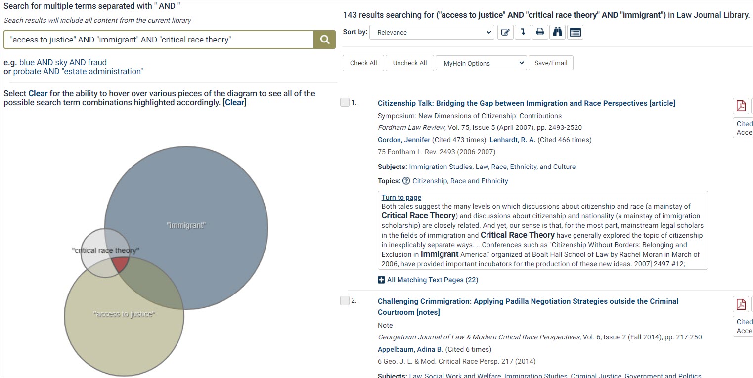 Search results for "access to justice" AND "immigrant" AND "critical race theory" displaying a Venn diagram that shows the different search phrases and how they intersect. The results are listed on the right.