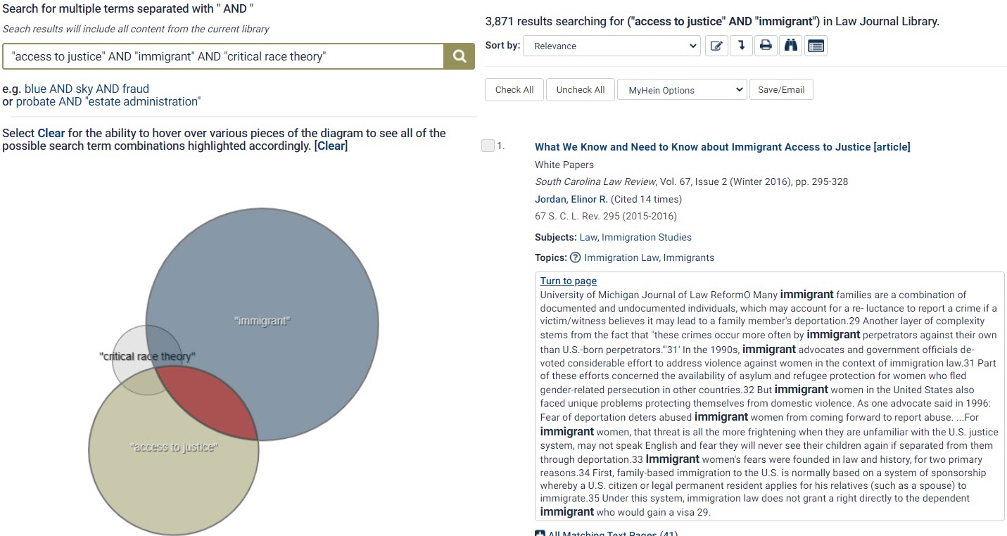 Search results for "access to justice" AND "immigrant" AND "critical race theory" displaying a Venn diagram that shows the different search phrases and how they intersect. The intersection of "immigrant" and "access to justice" has been selected and those results are displayed on the right.