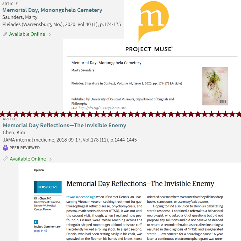 catalog results: Memorial Day, Monongahela Cemetery via Project Muse and Memorial Day Reflections: The Invisible Enemy via Journal of the American Medical Association