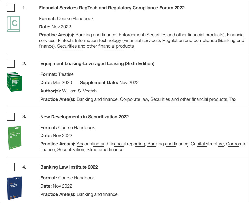 PLI Plus's Banking Practice page showing several offerings related to that topic.