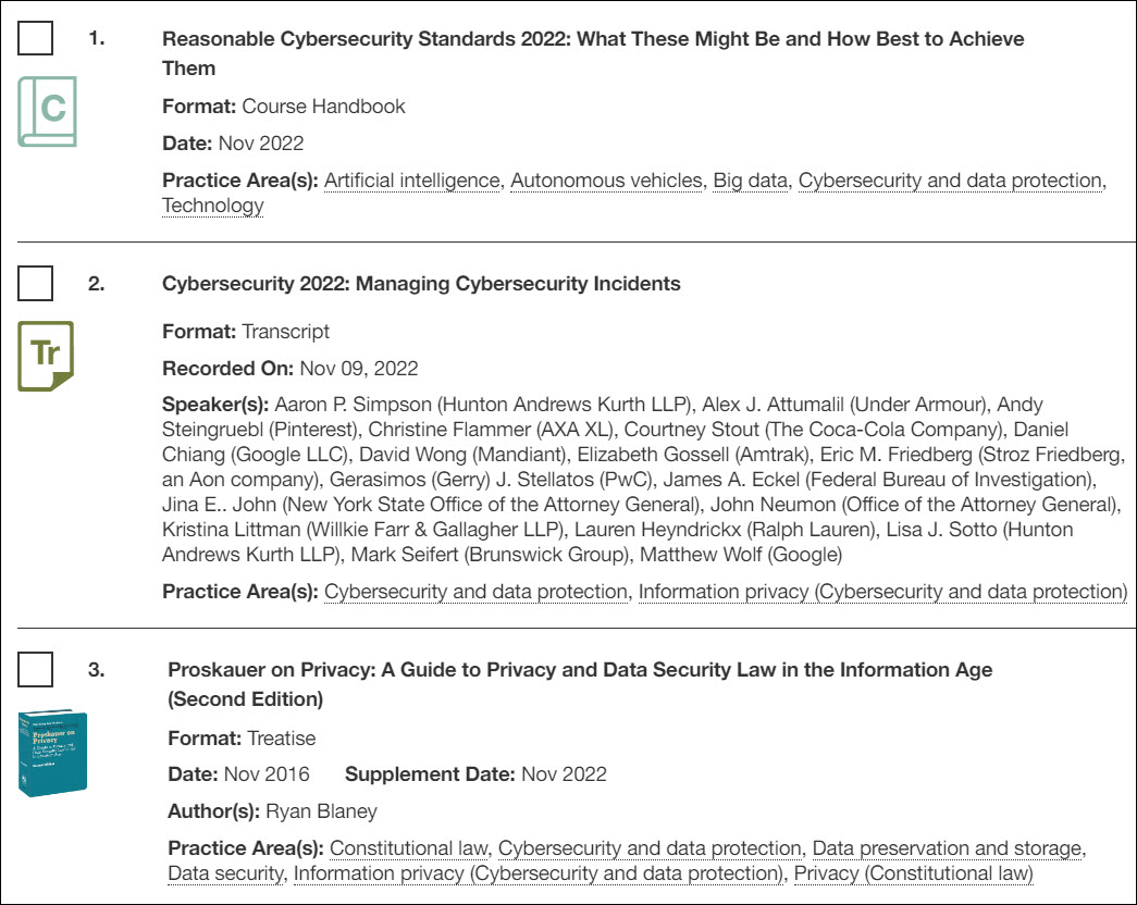 PLI Plus's Cybersecurity Practice page showing several offerings related to that topic.