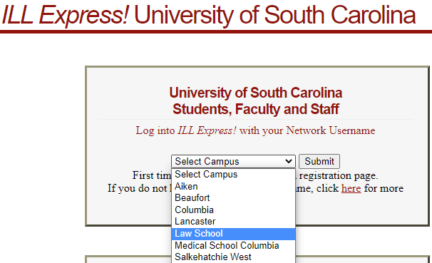 ILL Express! ...
"Select Campus" dropdown menu
Law School